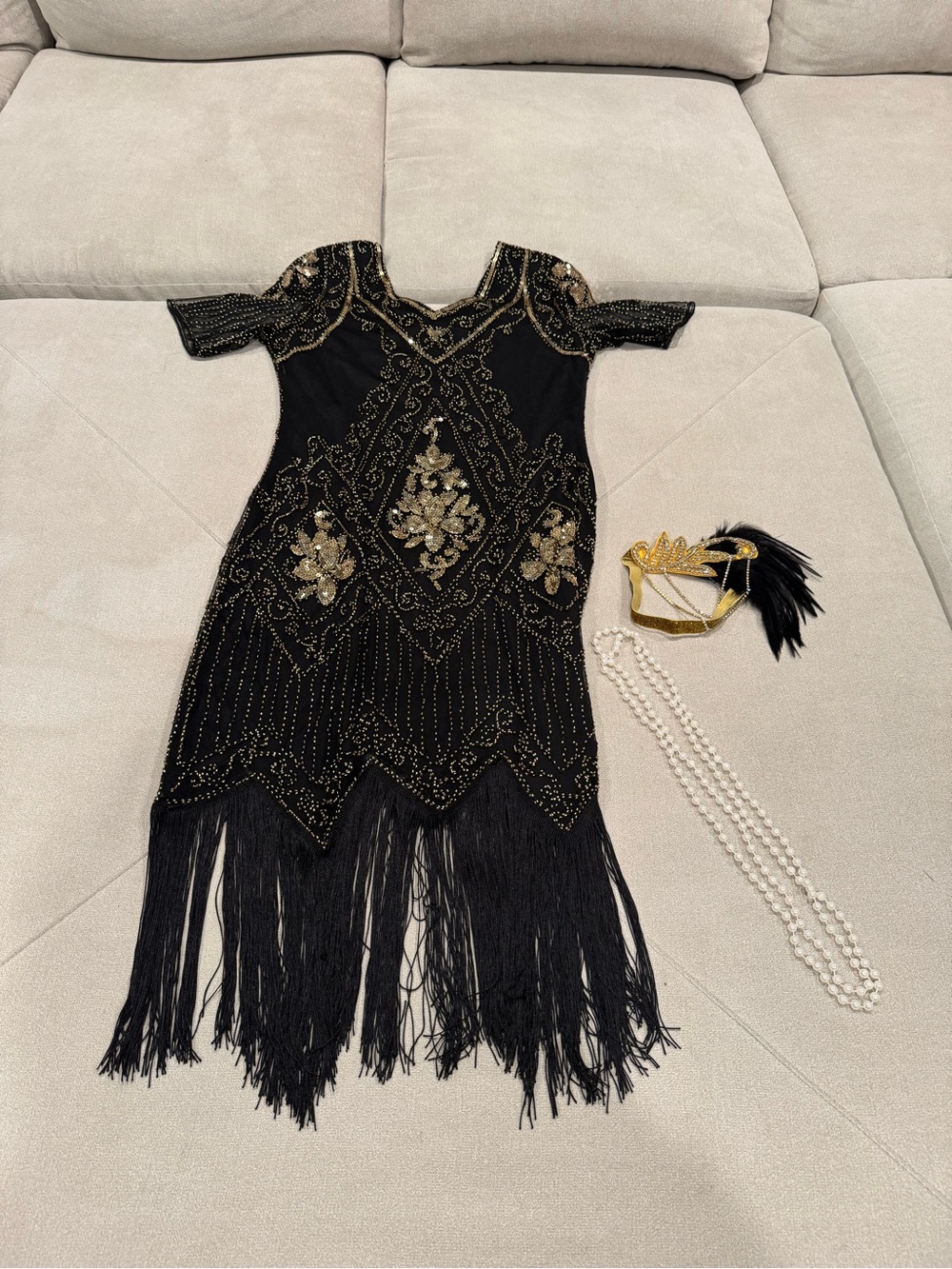 Black & Gold Beaded Fringe Dress - Elegant Evening Flapper Style
